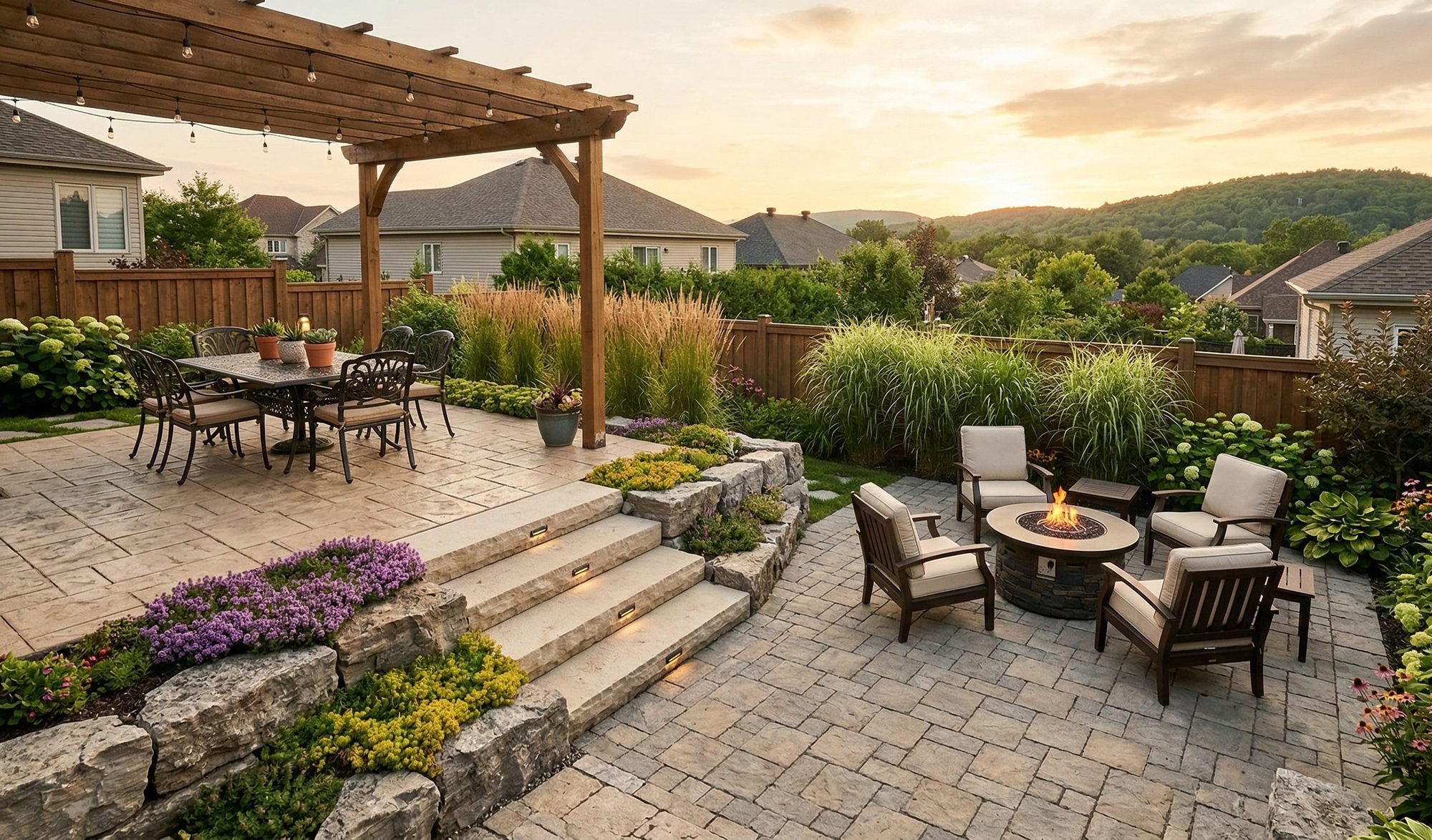 Terrasse en pavé-uni avec marches et clôture de verre